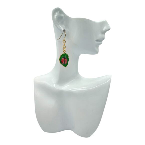 Ladybug Leaf Dangle Earrings – Cute Nature Cottagecore Jewelry - Picture 3 of 4